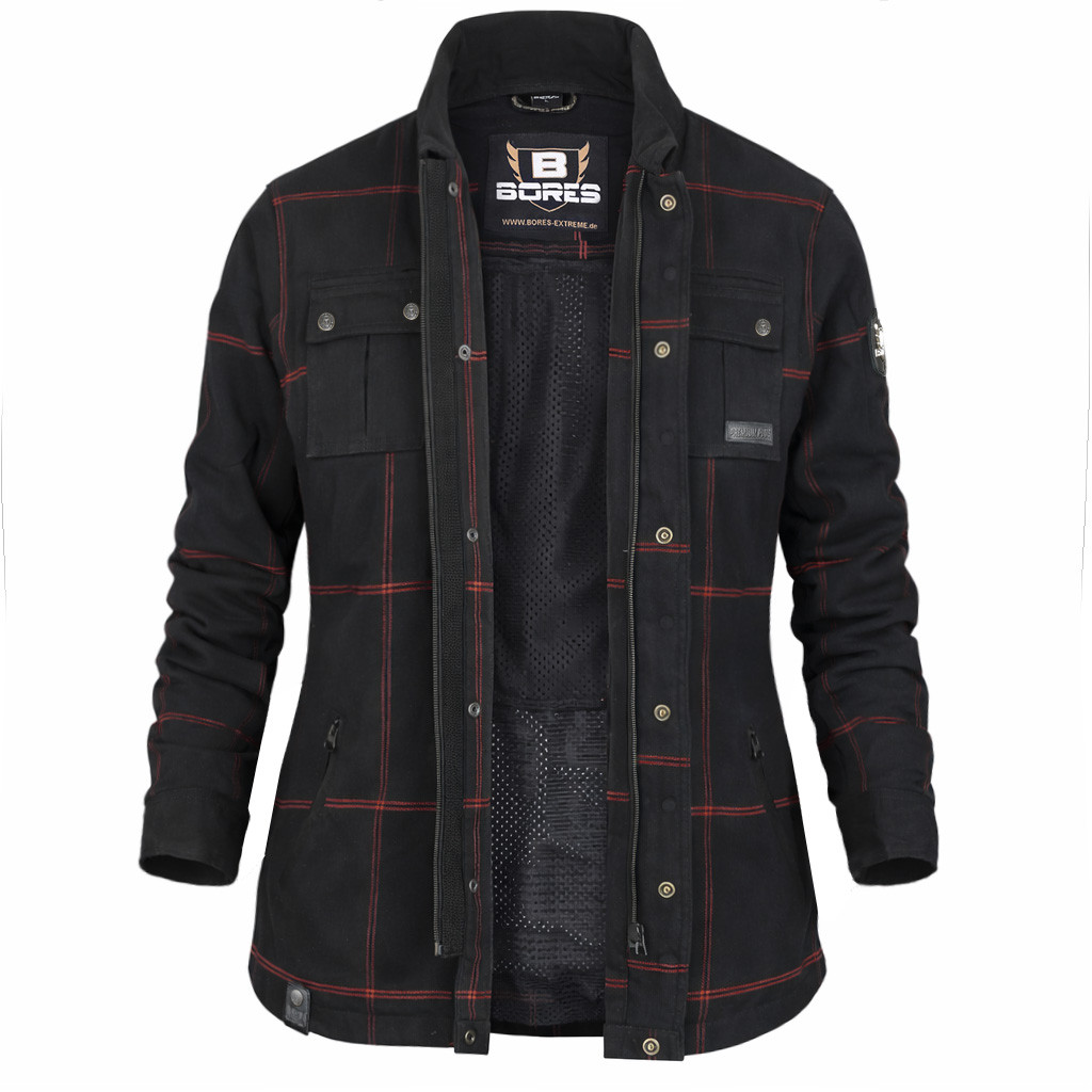 Bores Motorradhemd Damen Lumberjack Premium Plus - BORTEXX (B & (AAA)) Schwarz Rot - 2XS bis 4XL