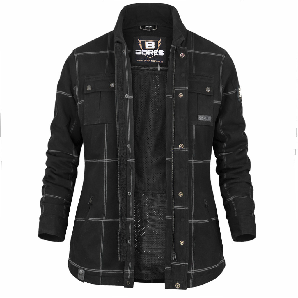 Bores Motorradhemd Damen Lumberjack Premium Plus - BORTEXX (B & (AAA)) Schwarz Grau - 2XS bis 4XL