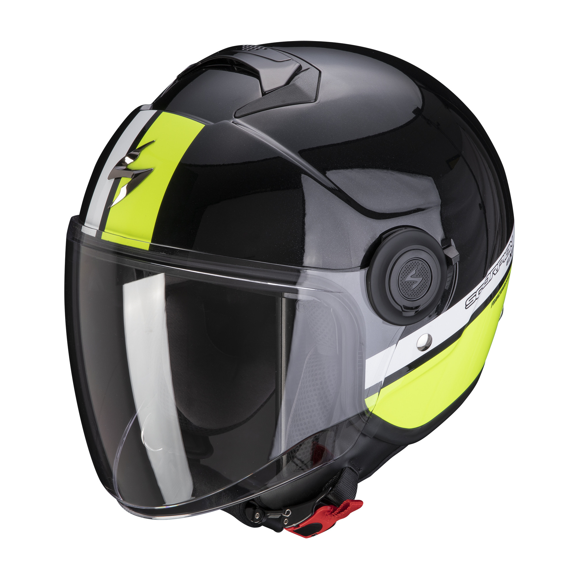 Scorpion Jet Helm EXO-CITY STRADA Perlmutt Schwarz-Weiss-Neon Gelb XS-2XL