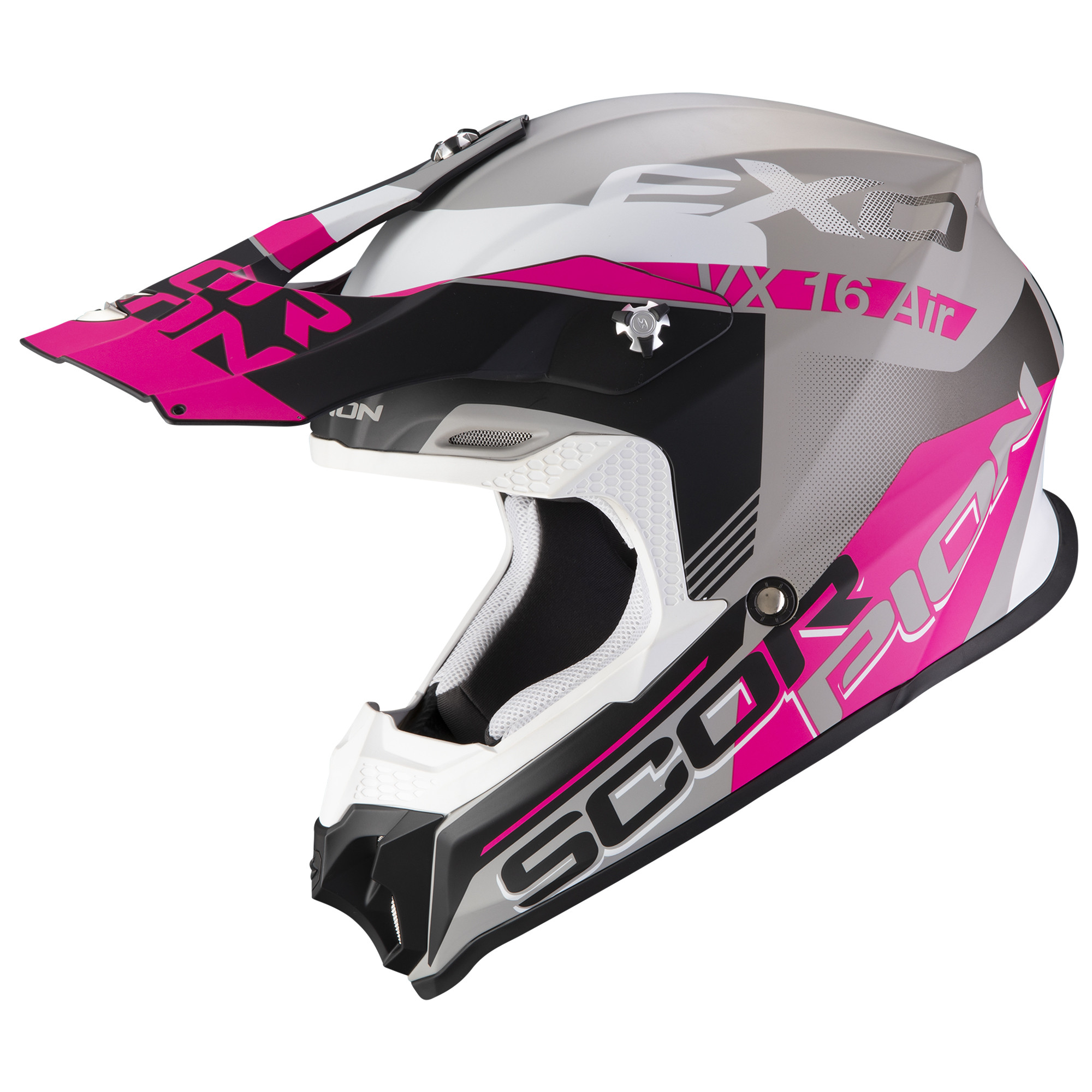 Scorpion Moto Cross Helm VX-16 AIR AHRUS Matt Silber-Schwarz-Pink XS-XL