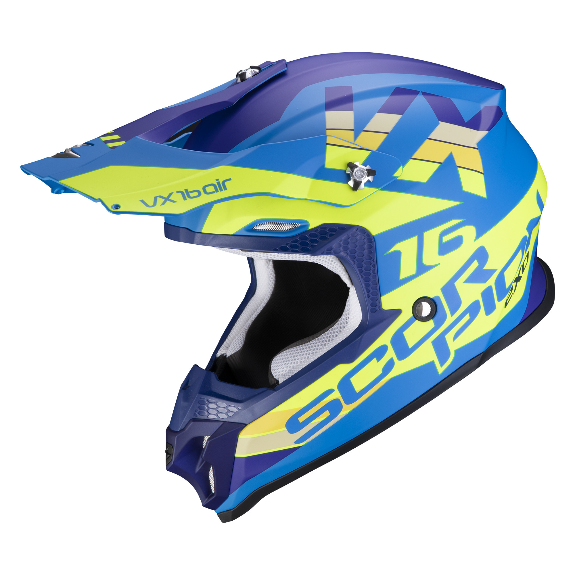 Scorpion Moto Cross Helm VX-16 AIR X-TURN Matt Blau-Neon Gelb XS-2XL