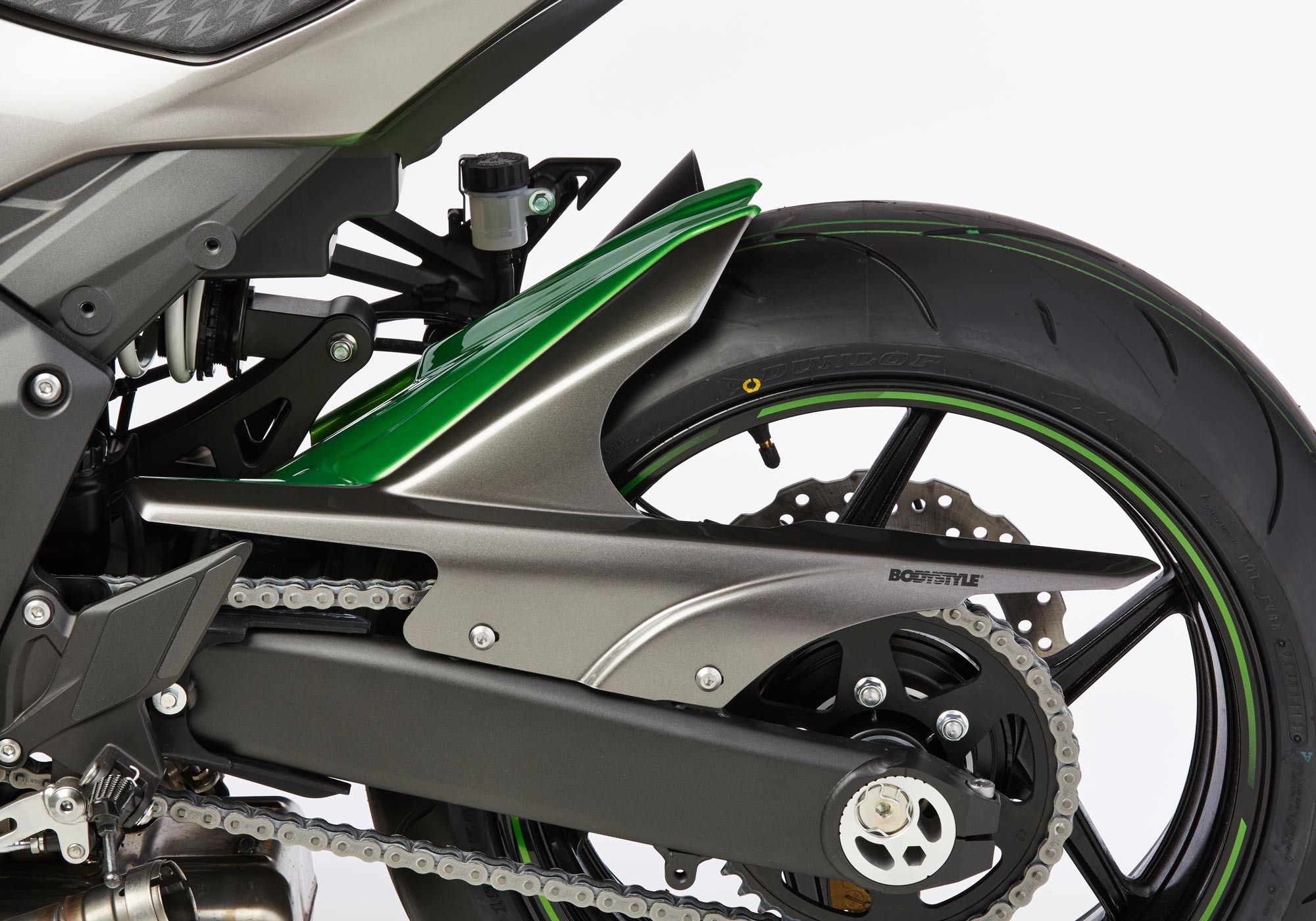 BODYSTYLE Sportsline Hinterradabdeckung weiß/grün Pearl Stardust White, 25Y/Golden Blazed Green, 40R passt für Kawasaki Z1000