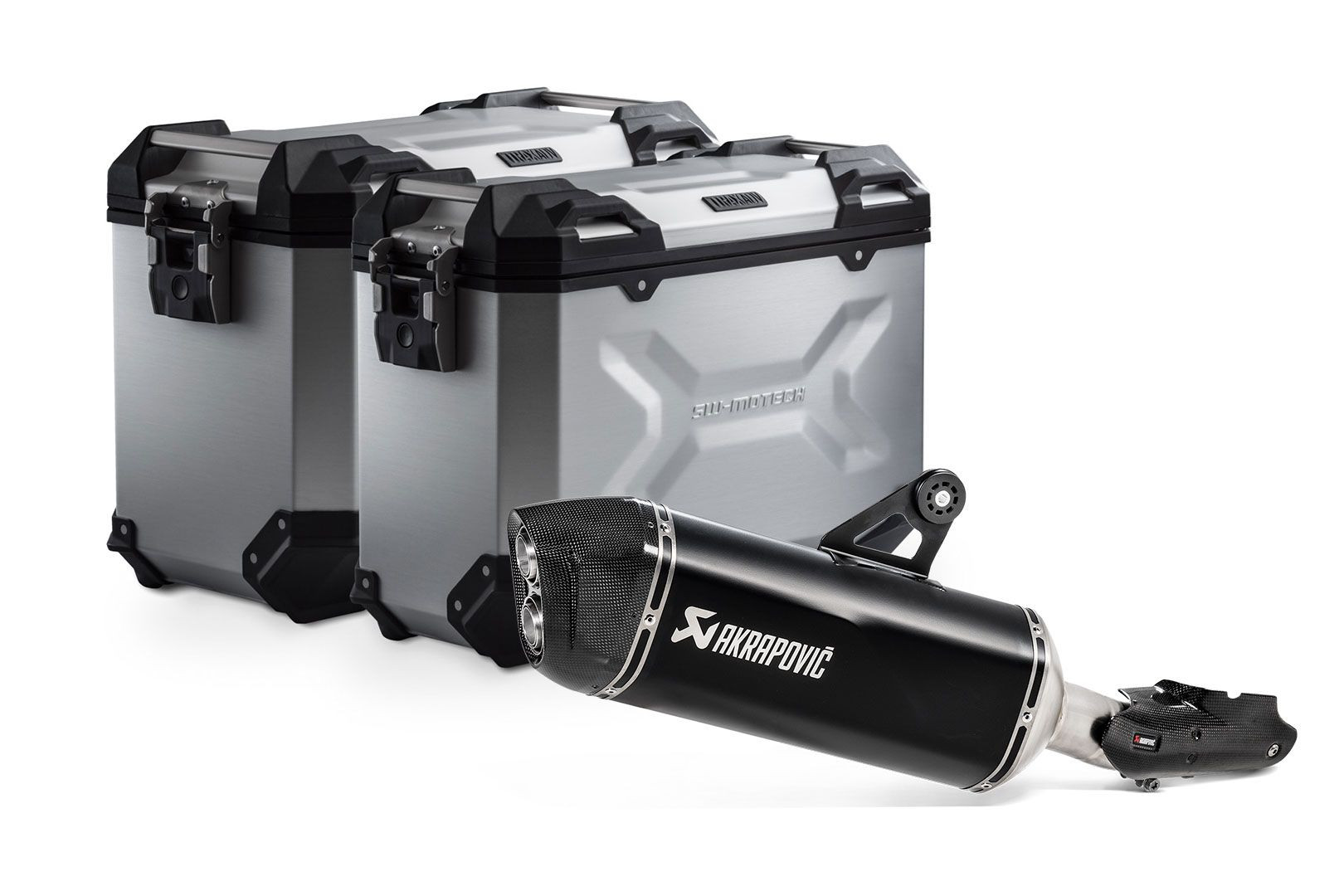 SW-Motech TRAX ADV Alukoffer-System + Akrapovic Silbern 45/37l  passt für BMW R 1250 GS/Adv/Rallye(18-)