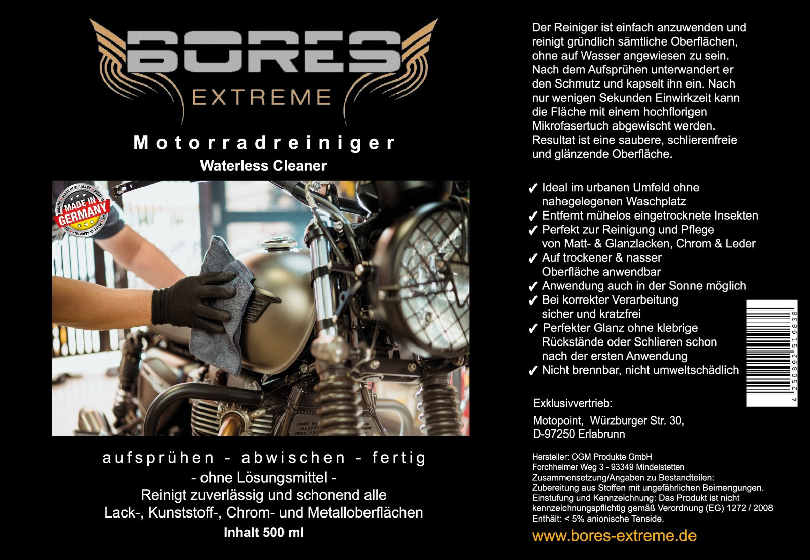Bores-Extreme - wasserloser-  Highend  Motorrad Reiniger - Biologisch abbaubar - 500ml (39,96€/L)