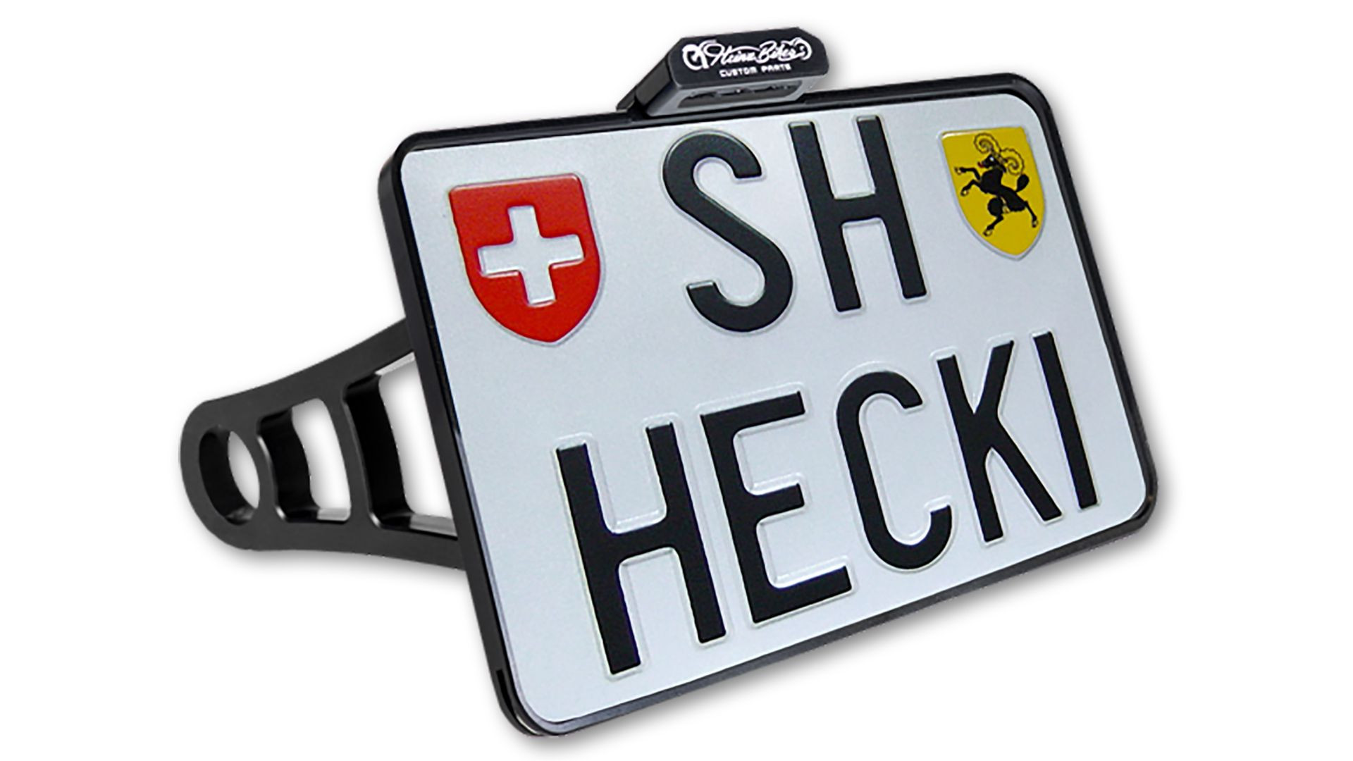 HeinzBikes Side Mount Kennzeichenhalter, schwarz, Softail 18-, CH, inkl. LED Kennzeichenbeleuchtung (Stück)