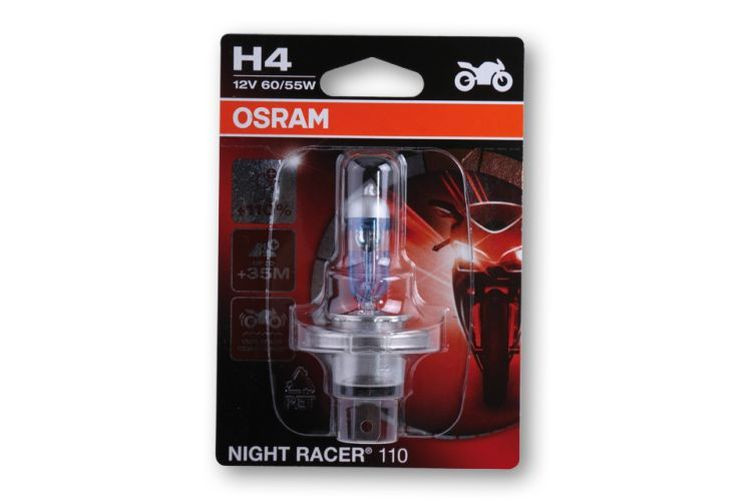 H4 Glühlampe, NIGHT RACER 110, 12V 60/55W P43t, +110% höhere Lichtausbeute (Stück)